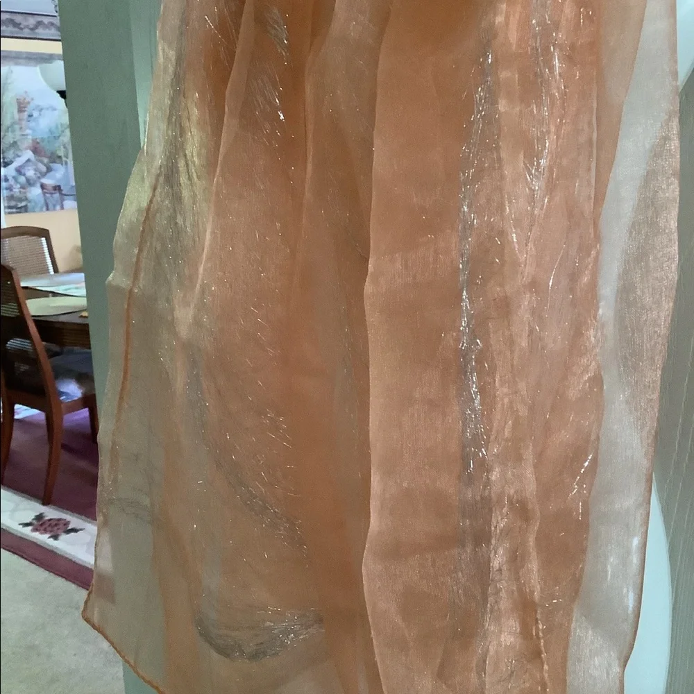 Scarf silk look silver sparkles versatile peach can be worn many ways. 72”x20”
